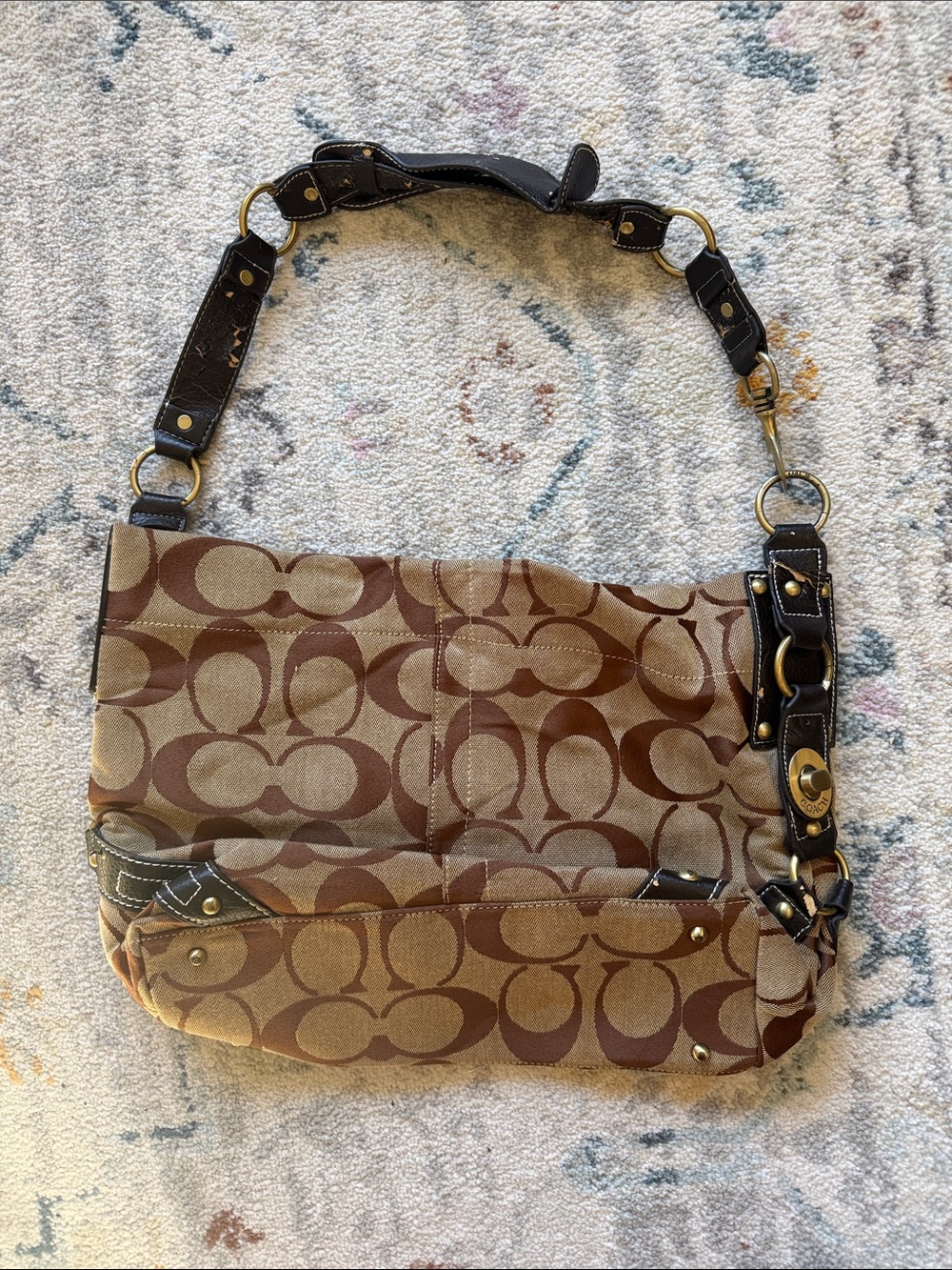 Coach Brown Signature Canvas Shoulder Bag with Dark Brown Leather Trim - Picture 2 of 10